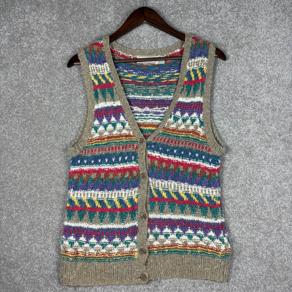Vintage LL Bean Fair Isle Sweater Vest Womens Small Linen Blend Button Front V-N